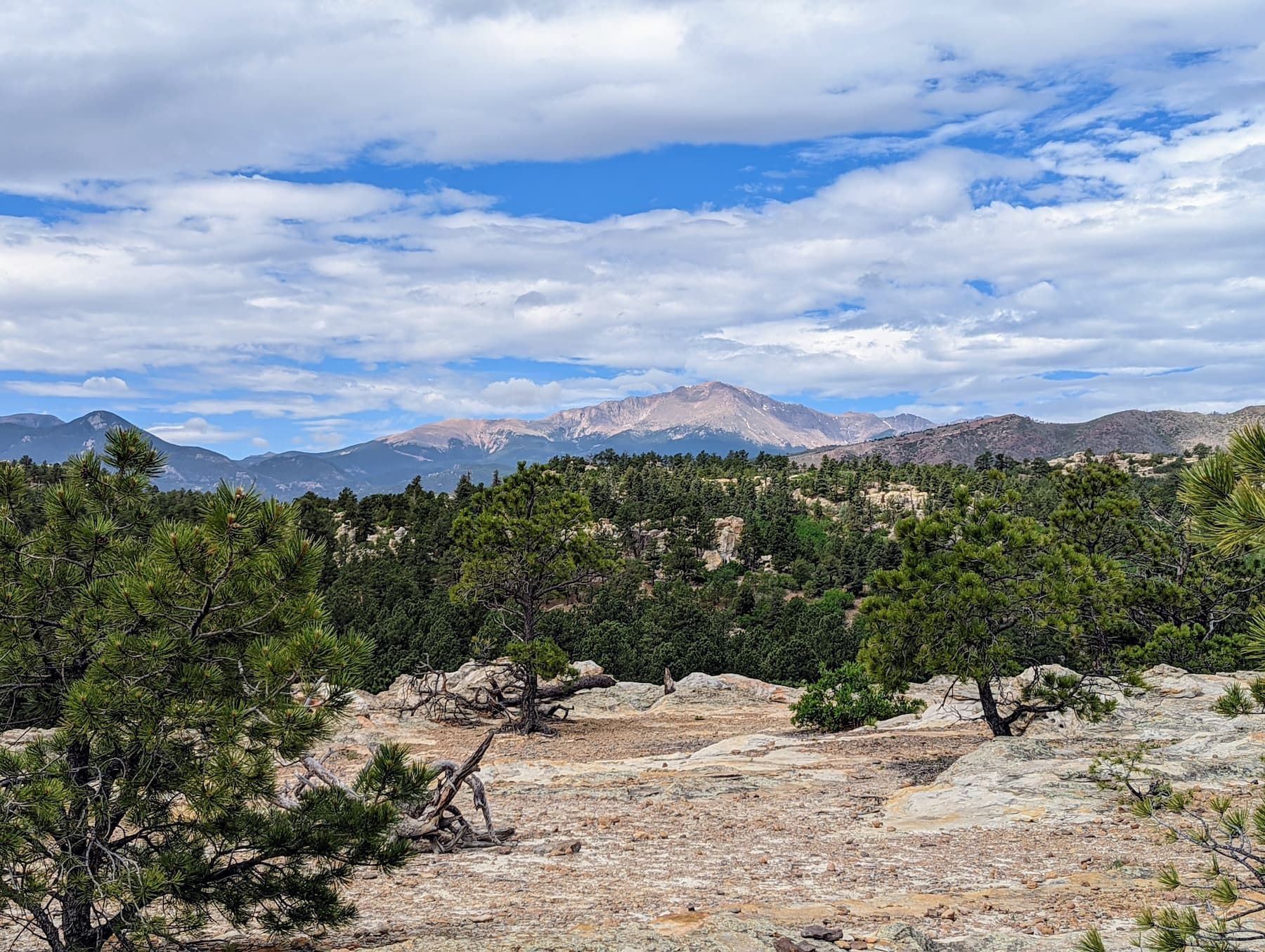 Ute Valley Park sandstone, pines, and Pikes Peak under an open sky